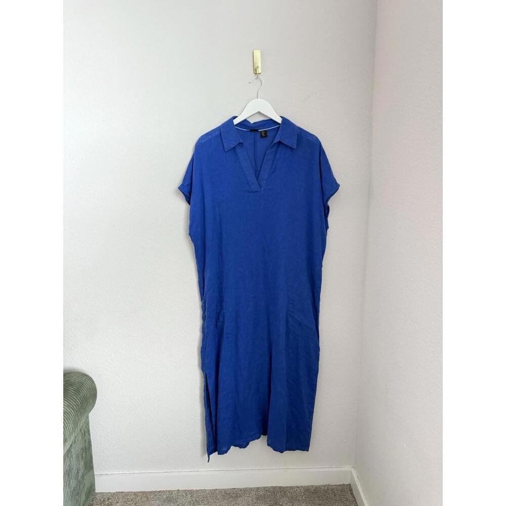 Tahari Women’s Linen Blend Lightweight‎ Collared Midi Dress Royal Blue Size XL